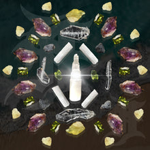 Load image into Gallery viewer, ABUNDANCE CRYSTAL GRID SCREEN SAVER: SELENITE, MOLDAVITE, TEKTITE, FADEN QUARTZ, LIBYAN DESERT GLASS, PERIDOT, SUPER SEVEN AMETHYST.