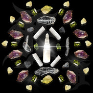 ABUNDANCE CRYSTAL GRID SCREEN SAVER: SELENITE, MOLDAVITE, TEKTITE, FADEN QUARTZ, LIBYAN DESERT GLASS, PERIDOT, SUPER SEVEN AMETHYST.